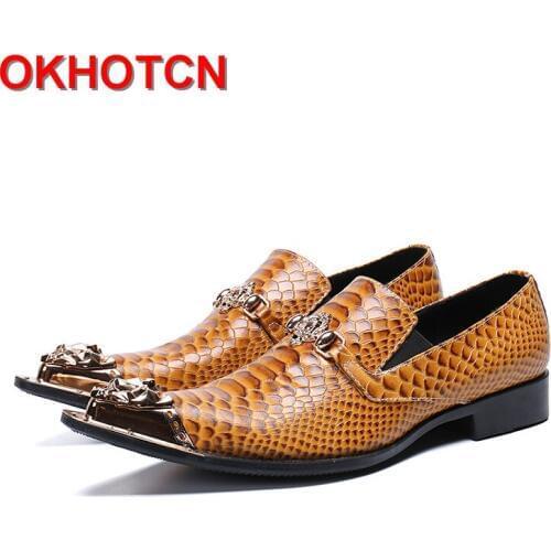 Fashion Mens Brown Leather Shoes Vintage Italian Designer Men Shoes Slip On Wedding Dress Shoes Pointed Metal Toe And Gold Hoops