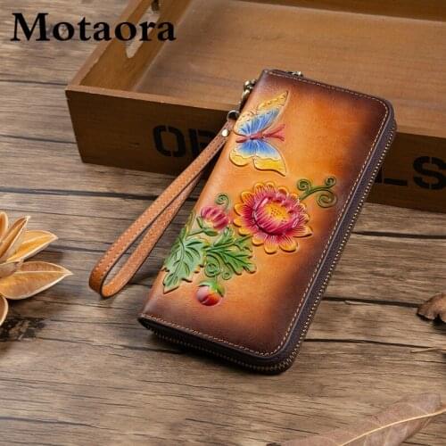 MOTAORA Womens Retro Wallet Genuine Leather Vintage Purse Women Chinese Style Embossed Card Holder Ladies Casual Female Clutch