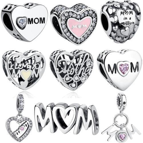Real 925 Sterling Silver Beads Fit Charms Silver 925 Original Bracelet I Love You MOM Crystal Heart Beads Jewelry Making