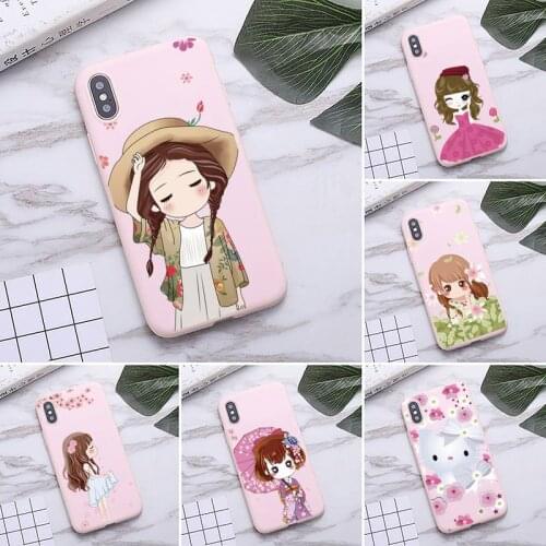 Cute funny cartoon little girl Phone Case for iPhone 11 Pro Max X XR XS 8 7 6s Plus Matte Candy Pink Silicone Cases