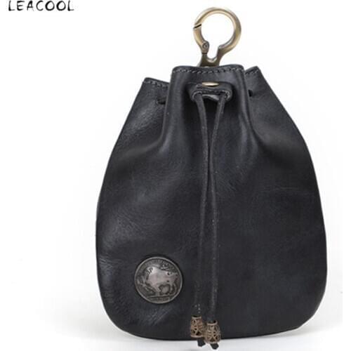 Original Handmade Genuine Leather Small Coin Purse Cowhide Coin Money Pocket Card Holder Drawstring Storage Wallet Bag With Hook