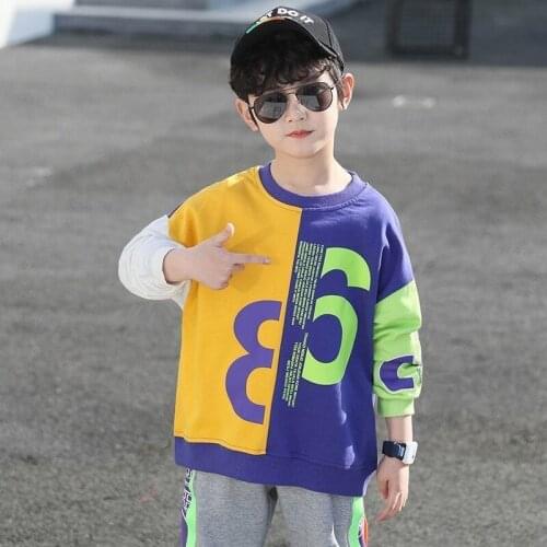Autumn Childrens Clothing Boys Sweatshirts Patchwork Clashing colors Letter print Pullovers Hiphop Streetwear Tops Moletom