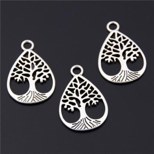 15pcs Silver Color Tree Charms Water Drop Shaped Women Hollow Pendant fit jewelry Accessories A2454