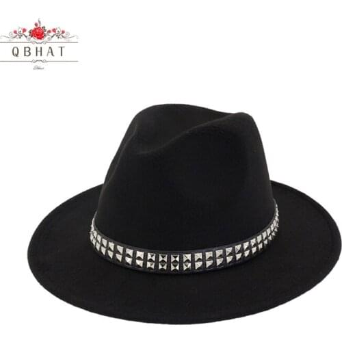 QBHAT Unisex Flat Brim Wool Felt Hat Formal Party Jazz Trilby Fedora Hats with Rivet Fashion Men Women Panama Style Formal Cap