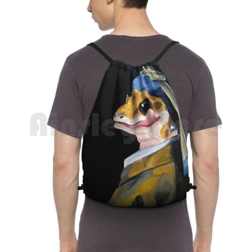 " Geck With A Pearl Earring " Backpack Drawstring Bag Riding Climbing Gym Bag Gecko Lizard Girl With A Pearl Earring Acrylic