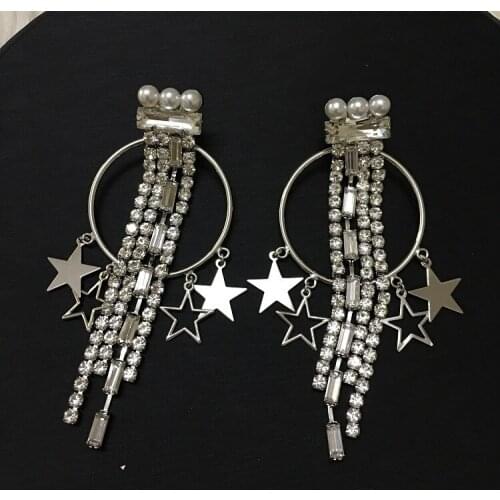 Pearl square tassel and ring five-pointed star stud earrings