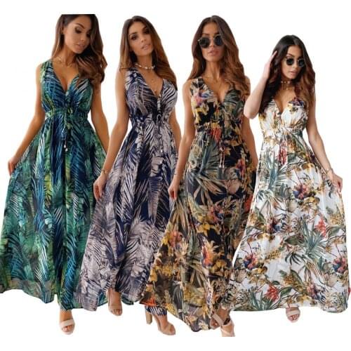 2021 Summer New Female Long Skirt Fashion Trend Casual Versatile Multi Color Printing Open Back Tie V Neck Waist Slimming Dress
