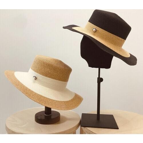 2019 spring summer color matching flat top flat along pearl button decoration female elegant beach sunscreen fashion grass hat