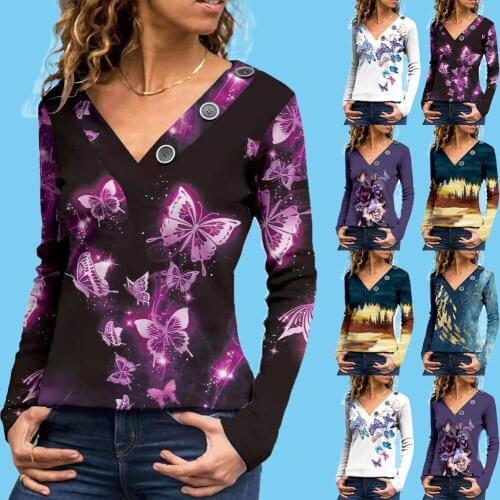 2021 Europe and the United States Harajuku fashion temperament slim slim V-shaped button-neck printed long-sleeved T-shirt