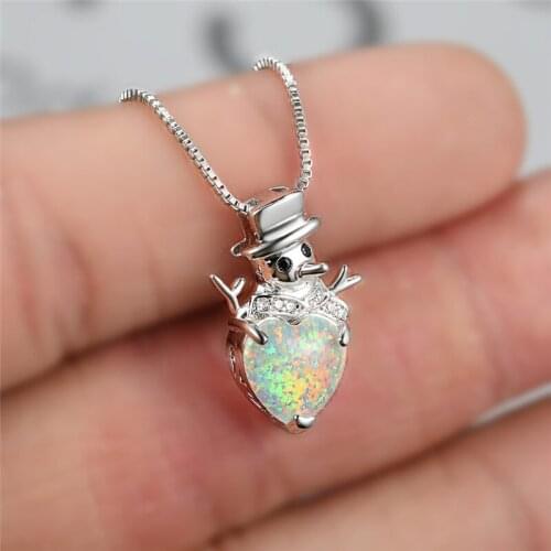 Female Cute Heart Opal Pendant Necklace Dainty Crystal Snowman Christmas Necklace Classic Silver Color Chain Necklaces For Women