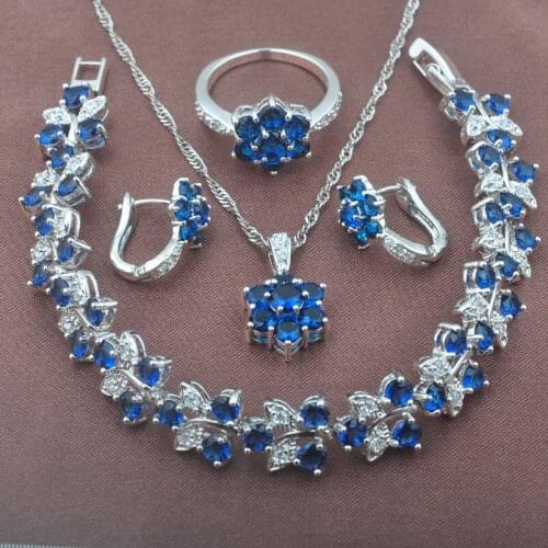 Womens Blue Zirconia Silver Plated Jewelry Sets Party Gifts Necklace Pendant Earrings Rings Bracelet Free Gift Box YZ0502