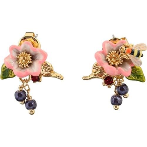 New pastoral style hand drawn enamel glaze gold-plated tassel earrings personality trend wild flower bee womens Stud earrings