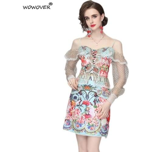 Summer Women Sweet Dress Suit Runway Designers Mesh Sleeves Strapless Print Top and Skirt 2 Piece Matching Set Party Sexy Outfit