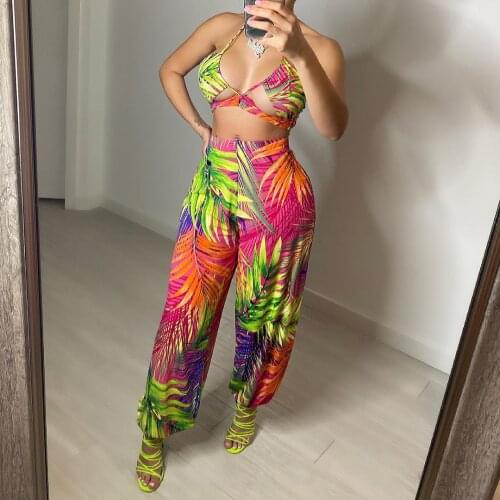 Beach Summer Two Piece Outfits For Women Sets Clothes Bra Top Tee And High Waist Loose Harem Pants Casual Fashion Streetwear