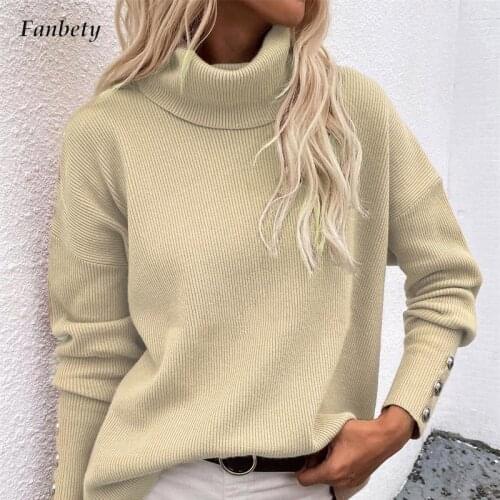 2021 Women Winter Turtleneck Warm Pullover Tops Fashion Elegant Button Long Sleeve Sweater Jumper Vintage Solid Knitted Sweaters