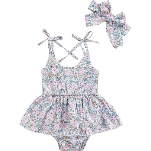 FOCUSNORM Newborn Baby Girls Lovely Rompers Headband Flowers Printed Sleeveless Belt Jumpsuits 0-24M 2PCS