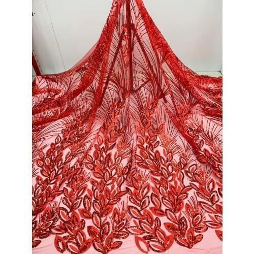 5yards/lot) very beautiful red French lace fabric fantastic embroidered African sequins net lace for party dress FJM032