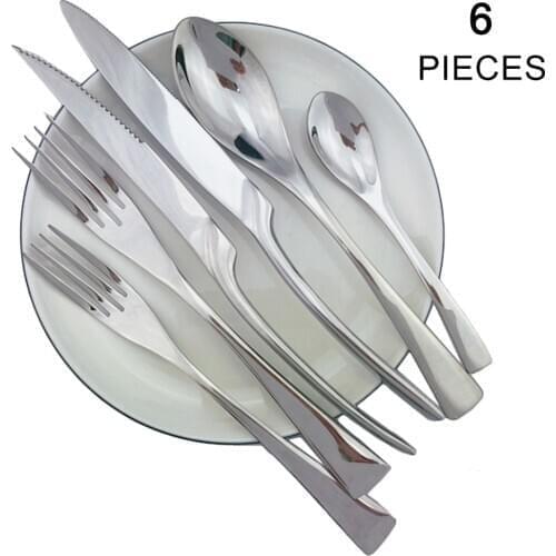 6Pcs Teaspoon 6Pcs Fork Silverware Creative Flatware Mirror Silver Cutlery 304 Stainless Steel Dinnerware Steak Knife Forks