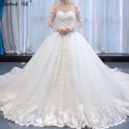 White Long Sleeves High Quality Wedding Gowns 2020 O-Neck Handmade Flowers Wedding Dresses HM67022 Custom Made