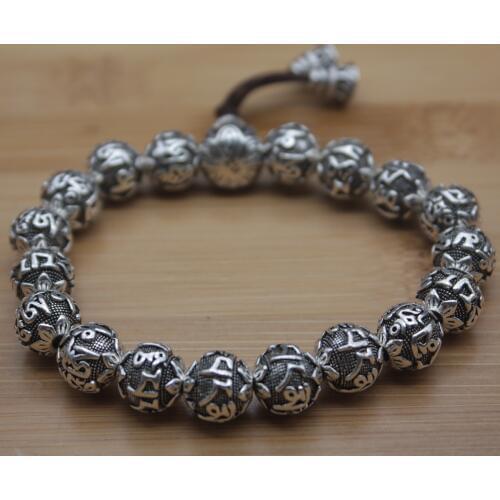 Real S999 Silver Bracelet Women Mans Sutra Buddhism Six Words 10mm Beads Chain Link New Women Mens Bracelet 17cmL