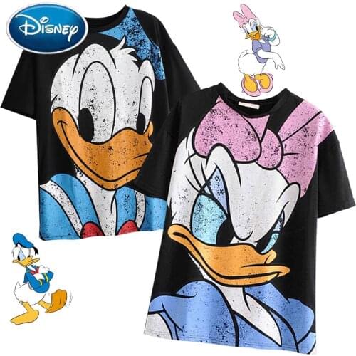 Disney Donald Daisy Duck Cartoon Print Black Women T-Shirt O-Neck Pullover Short Sleeve Casual Sweet Streetwear Loose Tee Tops