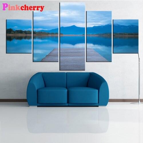 DIY 5d Diamond Painting blue lake scenery Mosaic Cross stitch Square/ Round Diamond Rhinestone Decor 5 Panels