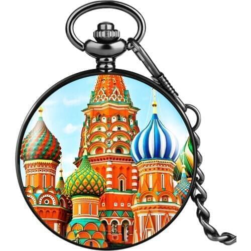 Pocket Watch Quartz Men Women Colorful Russian Building Classic Black Smooth Cover White Numerals Dial Durable Pendant Clock