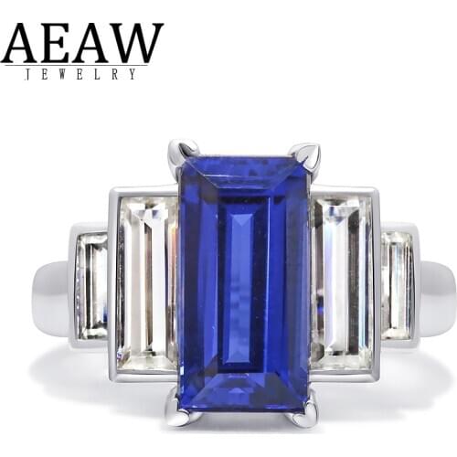 6x12mm Emerald Cut AAAA Lab Created Sapphire Stone set with Baguette DF Color Moissanite Halo Ring Real 18k White Gold Gift
