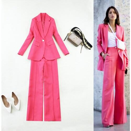 Set womens fashion womens autumn new fashion slim long-sleeved one button long-sleeved suit jacket + wide-leg pants trousers