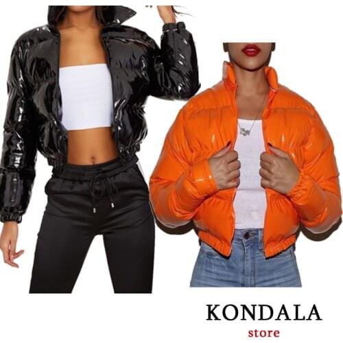 KONDALA Za 2021 Bright Orange PU Women Winter Bubble Jackets Glossy Thicken High Street Leather Coats Female Fashion Mujer Parka
