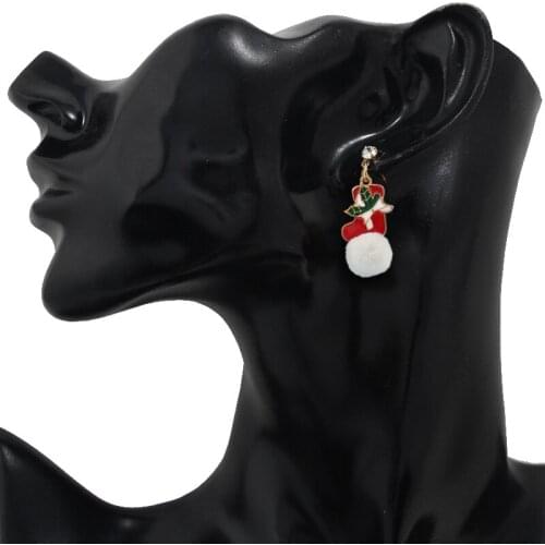 Cute Santa Claus Christmas Tree Hanging White Plush Ball Snowflake Inlaid Rhinestone Christmas Gift Earrings For Wife Daughter