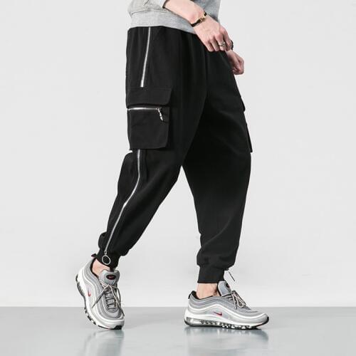 Men Casual pants Solid Harem Sweatpants Male Cotton Multi-pocket Sportwear Baggy Comfy Cargo pant Mens Joggers Zipper decoration