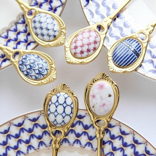 4pcs/set Stainless Steel Spoons Set Inlay Ceramic Handle Coffee Scoop Vintage Gold Plating Dessert Spoon High Grade Cake Scoop