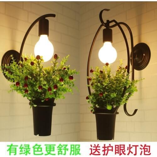 Wall lamp personality iron art RETRO American Nordic bedside aisle staircase bedroom green flowers and plants lamps