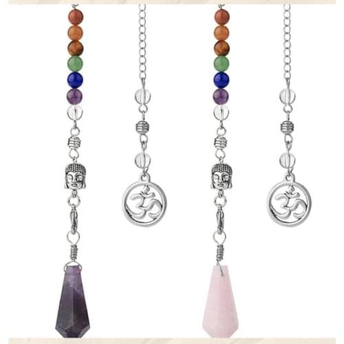 New Arrive Wholesale 6pcs Reiki Divination Natural Crystal Spirit Pendulum Seven Chakras Short Chain Buddha Cone Section Pendant