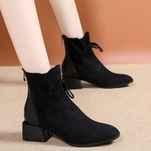 Autumn Winter New Fashion Back Zipper Short Boots Womens High Heel Ankle Boots Thick-heel Suede Boots Splicing Martin Boot