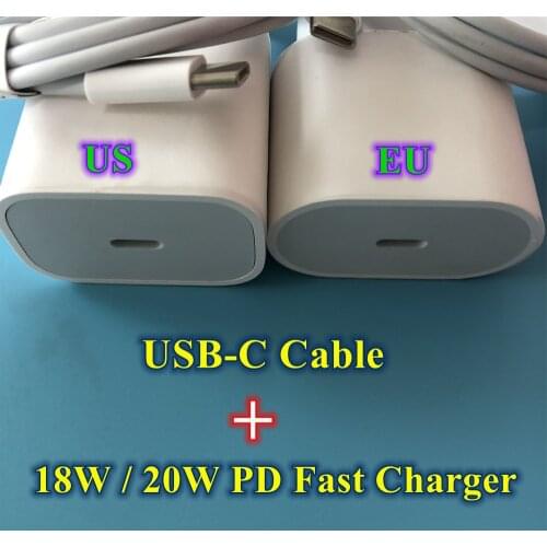 PD 20W 18W USB-C Power Adapter Charger EU US UK Plug Quick Charging For Phone 12 mini 11 Pro Max XS XR USB Type C Data Cable