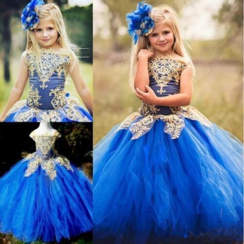 Flower Girls Dresses For Wedding Off The Shoulder Lace Applique Girl Party Gowns Tulle Pretty Pageant Dresses for Girls