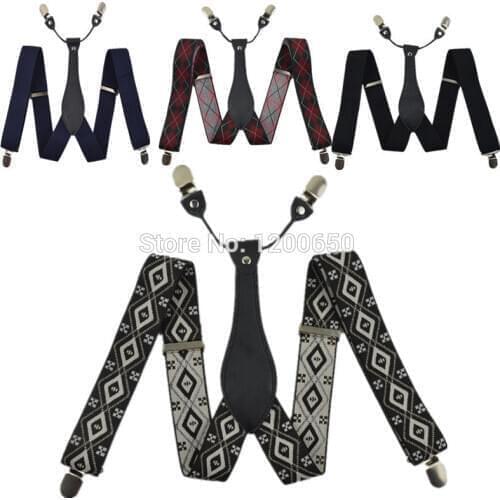 20 colors mens leather suspenders with 4 clips Adjustable Solid Black/grey/blue trouser elastic strap Grandfather Gifts 3.5 cm