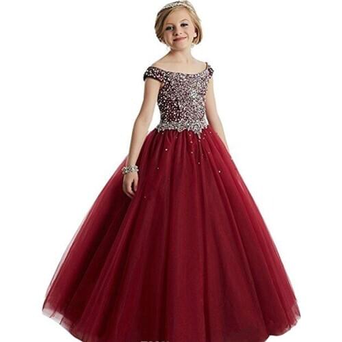 Luxury Flower Girls Dresses Crystal Beading Scalloped Neck Puffy Tulle Girls Pageant Dresses Birthday Party Dresses Custom