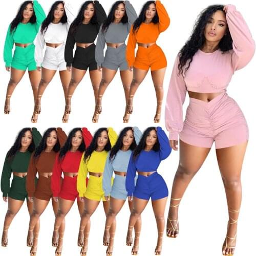 S-3XL Women Solid Two 2 Piece Sport Sets Tracksuits O Neck Long Sleeve Crop Tops And Shorts Suits Fitness Outfit Matching Set