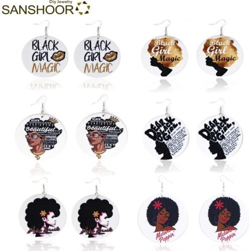SANSHOOR Hot Sale Mixed Positive Power Words Saying Black Girl Magic Melanie Poppin Natural Wooden Drop Earrings 6Pairs