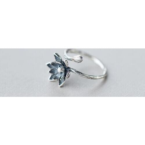 Shuangshuo Lotus Flower Silver Plated Open Rings for Women Retro Style Lady jewelry