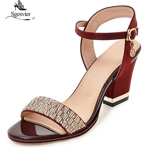 Sgesvier 2018 plus size 32-43 women sandals simple buckle fashion crystal summer shoes casual square high heels shoes woman red