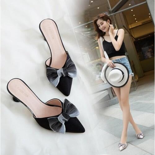 Womens Summer 2021 New Bow All-Match Pointed Toe Middle Heel Slippers Lazy Pump Heel-Free Outdoor Semi-Slippers