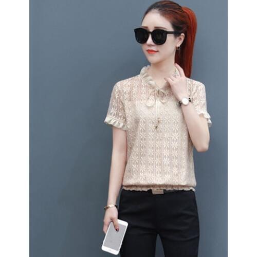 Women Spring Summer Style Lace Blouses Shirts Lady Casual Short Sleeve Stand Collar Beige White Lace Blusas Tops DF2640
