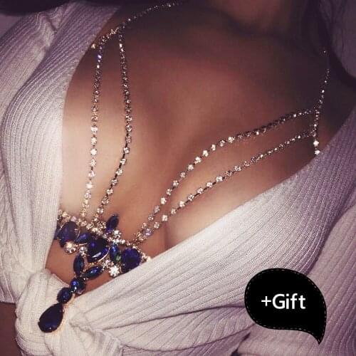Lady fashion Blue luxurious Sexy Bra chain Beach Party Club Body Chain For Women Sex Erotic Jewelry Valentines Day