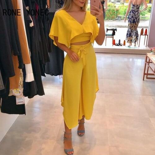 Women Elegant V-Neck Ruffles Trim Crop Top & Plain Pants Set Casual Set Vacation Set 2021