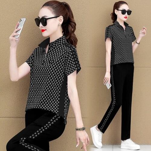 Short Sleeved Top Trousers Sports Suit Fashion Big Size Round Neck Two Piece Set Women Clothes Summer 2021 New Blue Red Gray Age