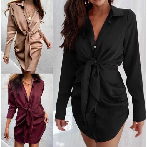 Womens Casual Sexy Turn-down Collar Shirt Dress Long Sleeve Solid Color Front Knot Single-breasted Mini Dress Streetwear